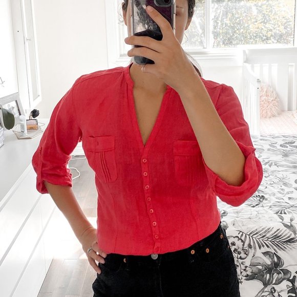 Natural Linen Button-Down Shirt in Pink, size XS - Picture 3 of 5